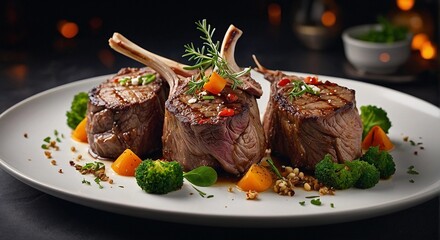 Grilled lamb chops on a white plate. Close-up view.