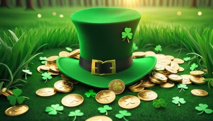 A classic green top hat with a single clover, nestled in lush grass surrounded by scattered coins and clovers.. AI Generation