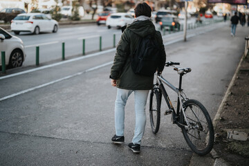 Rear view of a male commuter with a backpack standing beside his bike on a busy street, demonstrating active urban lifestyle