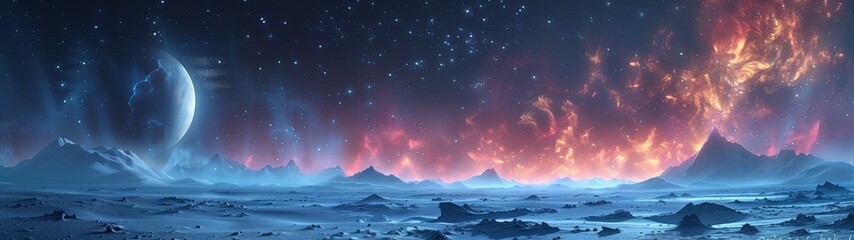 fire in the sky of distant planet with bioluminescent flora and mysterious extraterrestrial landscapes, sci-fi style, super ultrawide wallpaper