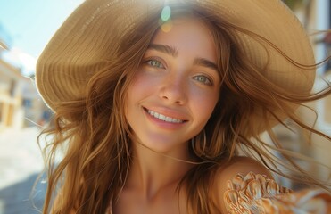 Joyful woman spins in the air, taking selfies while dancing, capturing her lively spirit