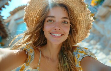 Joyful woman spins in the air, taking selfies while dancing, capturing her lively spirit