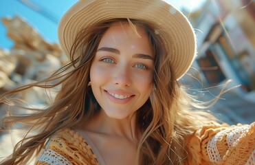 Joyful woman spins in the air, taking selfies while dancing, capturing her lively spirit