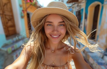 Joyful woman spins in the air, taking selfies while dancing, capturing her lively spirit