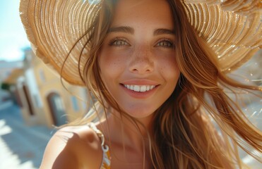 Joyful woman spins in the air, taking selfies while dancing, capturing her lively spirit