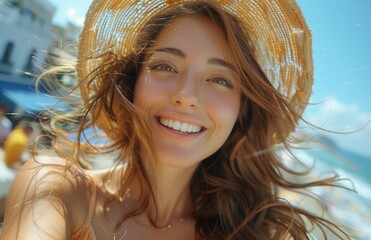 Joyful woman spins in the air, taking selfies while dancing, capturing her lively spirit
