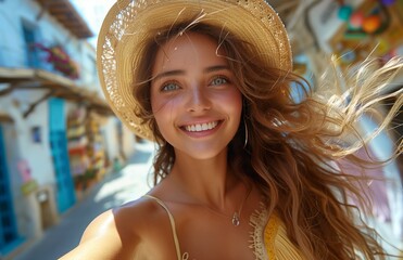 Joyful woman spins in the air, taking selfies while dancing, capturing her lively spirit