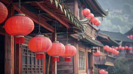 A line of red hanging lanterns glowing with brilliant lights, creating a festive and enchanting...