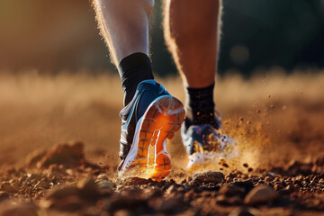 Male runner  injured calf muscle and suffering with pain. Sprain ligament while running outdoors. A person's foot with a bone in it. The bone is orange and the foot is on a dirt path