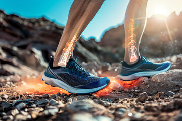 Male runner  injured calf muscle and suffering with pain. Sprain ligament while running outdoors. A person's foot with a bone in it. The bone is orange and the foot is on a dirt path - obrazy, fototapety, plakaty