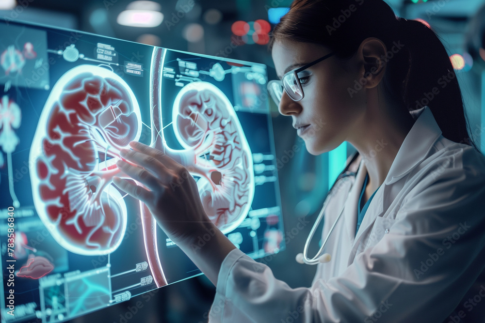 Poster a woman in a white lab coat is looking at a computer screen displaying two kidneys. she is touching 