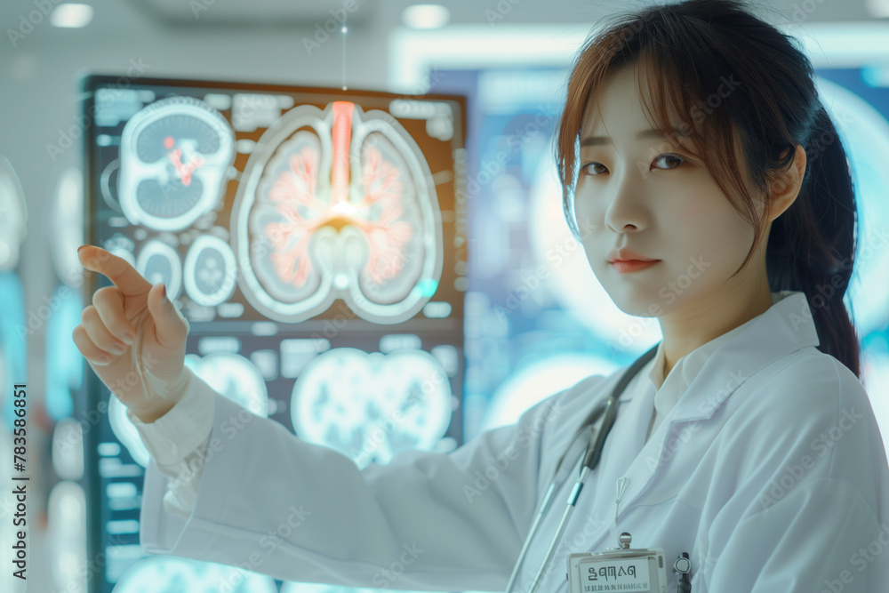 Poster a woman in a white lab coat is looking at a computer screen displaying two kidneys. she is touching 