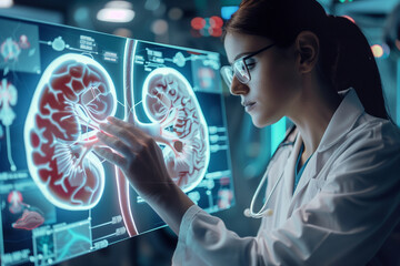 A woman in a white lab coat is looking at a computer screen displaying two kidneys. She is touching the screen, possibly trying to identify a problem with the kidneys - obrazy, fototapety, plakaty