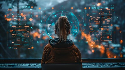 back of a young woman watching a hologram dashboard