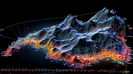 3D topographical data visualization with dynamic color-coded nodes