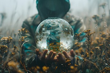 Hands Holding Water Globe Under the Rain: Embracing Earth's Vitality
