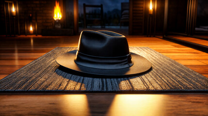 Classic Black Fedora Hat on Textured Carpet with Warm Ambient Lighting - obrazy, fototapety, plakaty