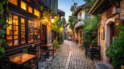 An old tavern on an old narrow paved street in a lovely old town in the evening