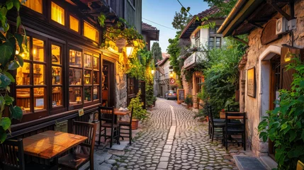 Papier Peint photo Ruelle étroite An old tavern on an old narrow paved street in a lovely old town in the evening