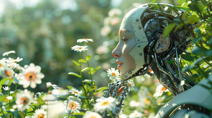 A beautiful female andoid or robot in the garden, smelling a flower