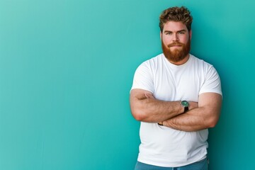 Overweight caucasian man in casual clothing in blue background