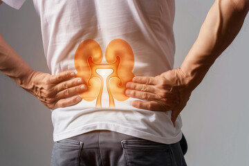 A man with a white shirt and gray pants is showing his back with a red and orange kidney - obrazy, fototapety, plakaty