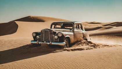 old classic wreck of a retro vintage car engulfed by sand dunes in the Sahara desert, background