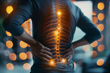 A man's back is lit up with orange and yellow lights, representing the spine. Concept of discomfort or pain, as the spine is the central focus of the image. The use of bright colors - obrazy, fototapety, plakaty