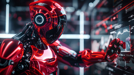 A glossy red and black futuristic humanoid robot