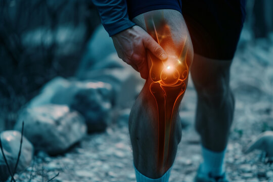 A man with a knee injury is walking on a road. The knee is red and swollen. The man is wearing shorts and a black shirt