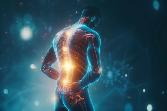 A man's back is lit up with orange and yellow lights, representing the spine. Concept of discomfort or pain, as the spine is the central focus of the image. The use of bright colors