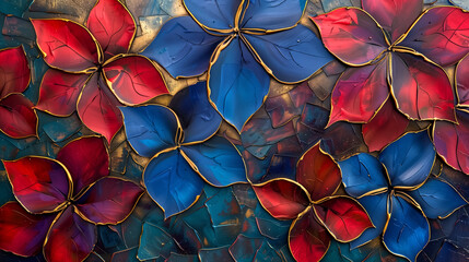 Abstract oil painting of Red and blue petals, flowers with gold