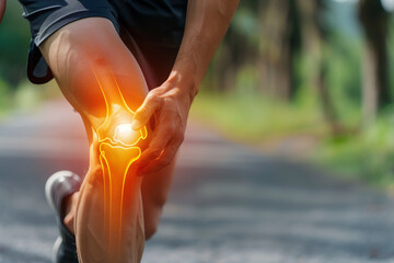 A person running with a knee injury. The knee is bent and the leg is bent at the knee - obrazy, fototapety, plakaty