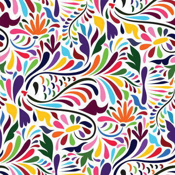 Vector Seamless Mexican Otomi Style Bright Pattern