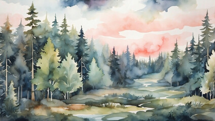 Watercolor pattern wallpaper depicting a boreal forest landscape.