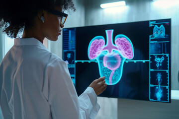 A woman is looking at a computer monitor displaying a medical image of a woman's kidneys. The image is in black and white and he is a CT scan. The woman is wearing a lab coat