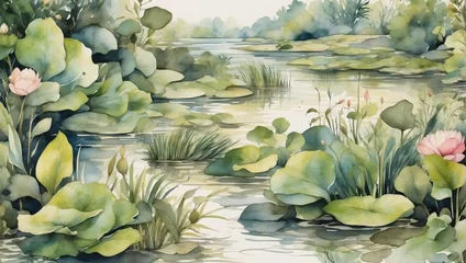 Foto op Plexiglas Watercolor pattern wallpaper capturing a lush wetlands habitat. © xKas