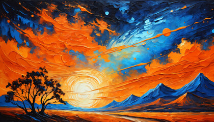 Colorful Abstract Painting of Sunset in Mountainous Landscape