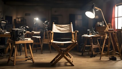 "Illustrate a director's chair positioned on a bustling film set, surrounded by various filmmaking equipment and props. The chair should be depicted in a realistic style, with attention to detail on i