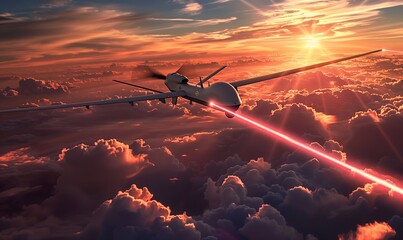 The laser beam hits the drone. The drone explodes. Concept of the latest weapon for fighting drones. Ukraine and Russia at war
