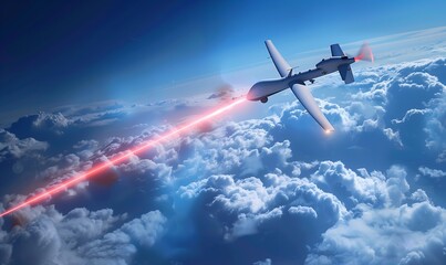 The laser beam hits the drone. The drone explodes. Concept of the latest weapon for fighting drones. Ukraine and Russia at war