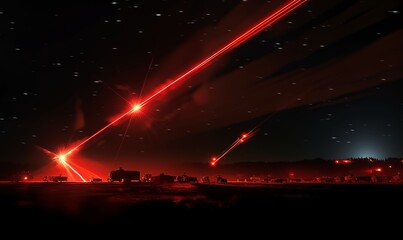 The laser beam hits the drone. The drone explodes. Concept of the latest weapon for fighting drones. Ukraine and Russia at war