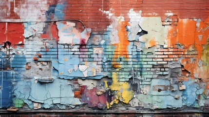 A patch of colorful graffiti on a weathered brick wall, each layer adding to the texture of urban...
