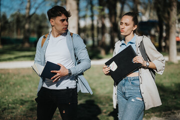 Two college students with notebooks engaged in a serious discussion at an urban park on a sunny...