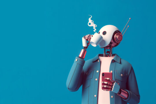 A robot in clothes drinks hot coffee and holds a phone in his hands with copy space for text. The robot copies human life.