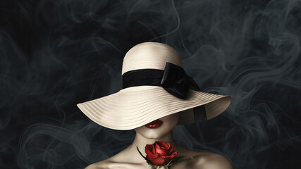 Mysterious portrait of a woman with a big hat and a red rose
