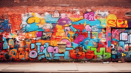 A patch of colorful graffiti on a weathered brick wall, each layer adding to the texture of urban expression