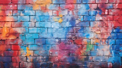 A patch of colorful graffiti on a weathered brick wall, each layer adding to the texture of urban expression