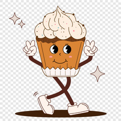 Retro cartoon cupcake character in groovy style. Vintage dessert mascot, 60s, 80s nostalgia with psychedelic smiley face and emotions. Cool vector illustration for your design.