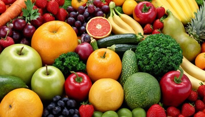 A colorful display of various fresh fruits and vegetables, rich in nutrients and perfect for a...